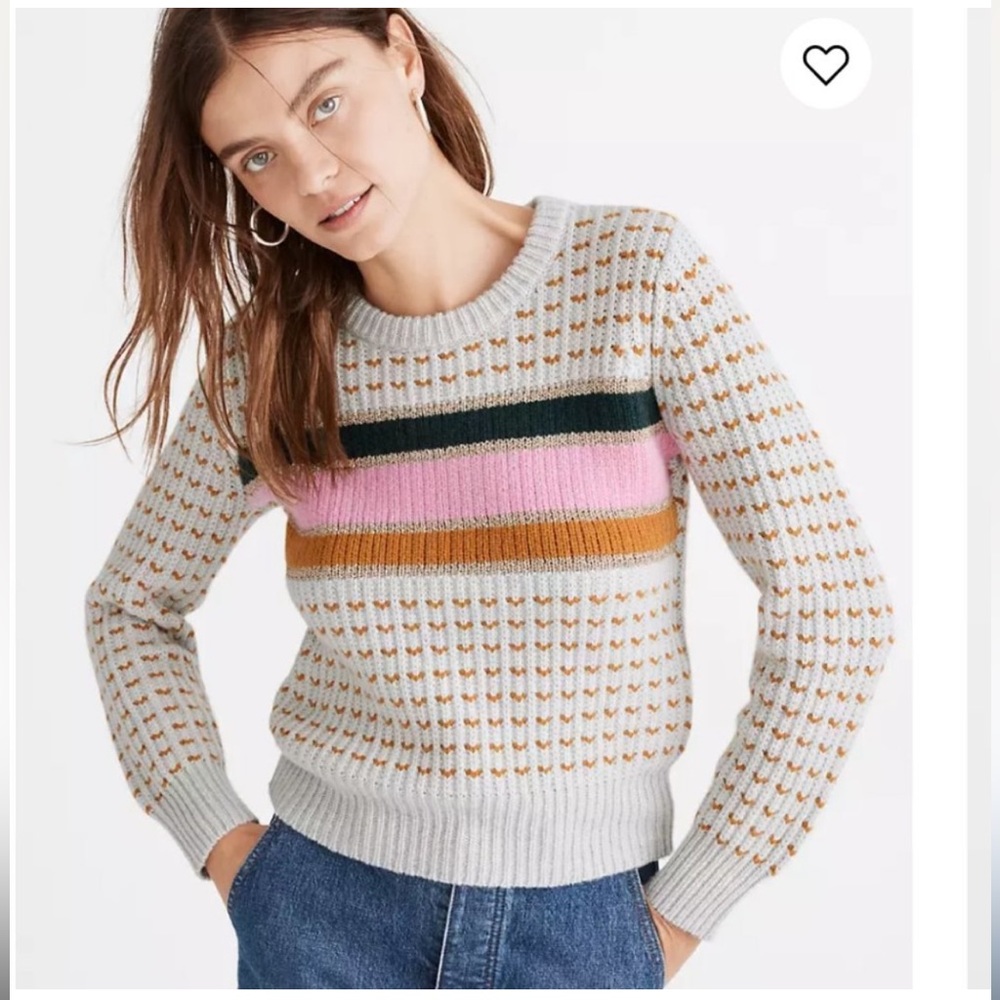 Madewell Gray Crewneck Sweater with Pink, Mustard & Dark Green Stripes